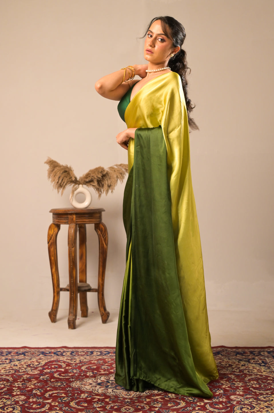 Arekaa Green Aurora Verde Glass Shine Satin Saree For Womens