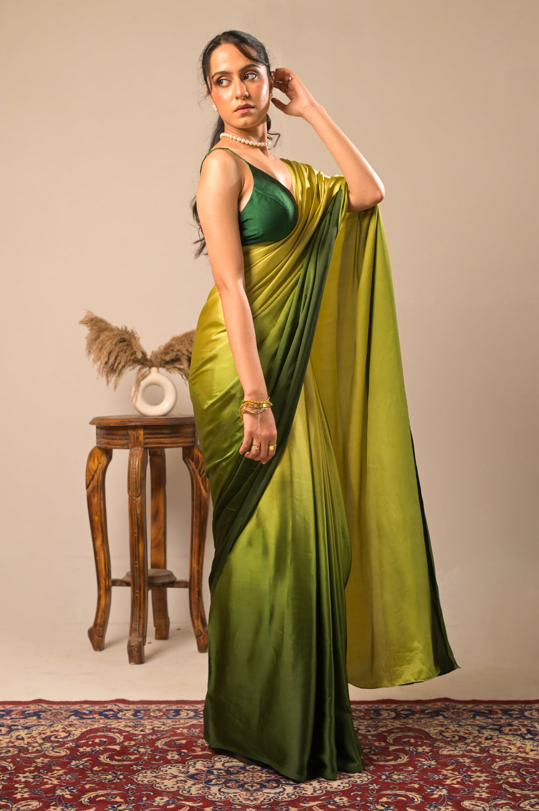 Arekaa Green Aurora Verde Glass Shine Satin Saree For Womens