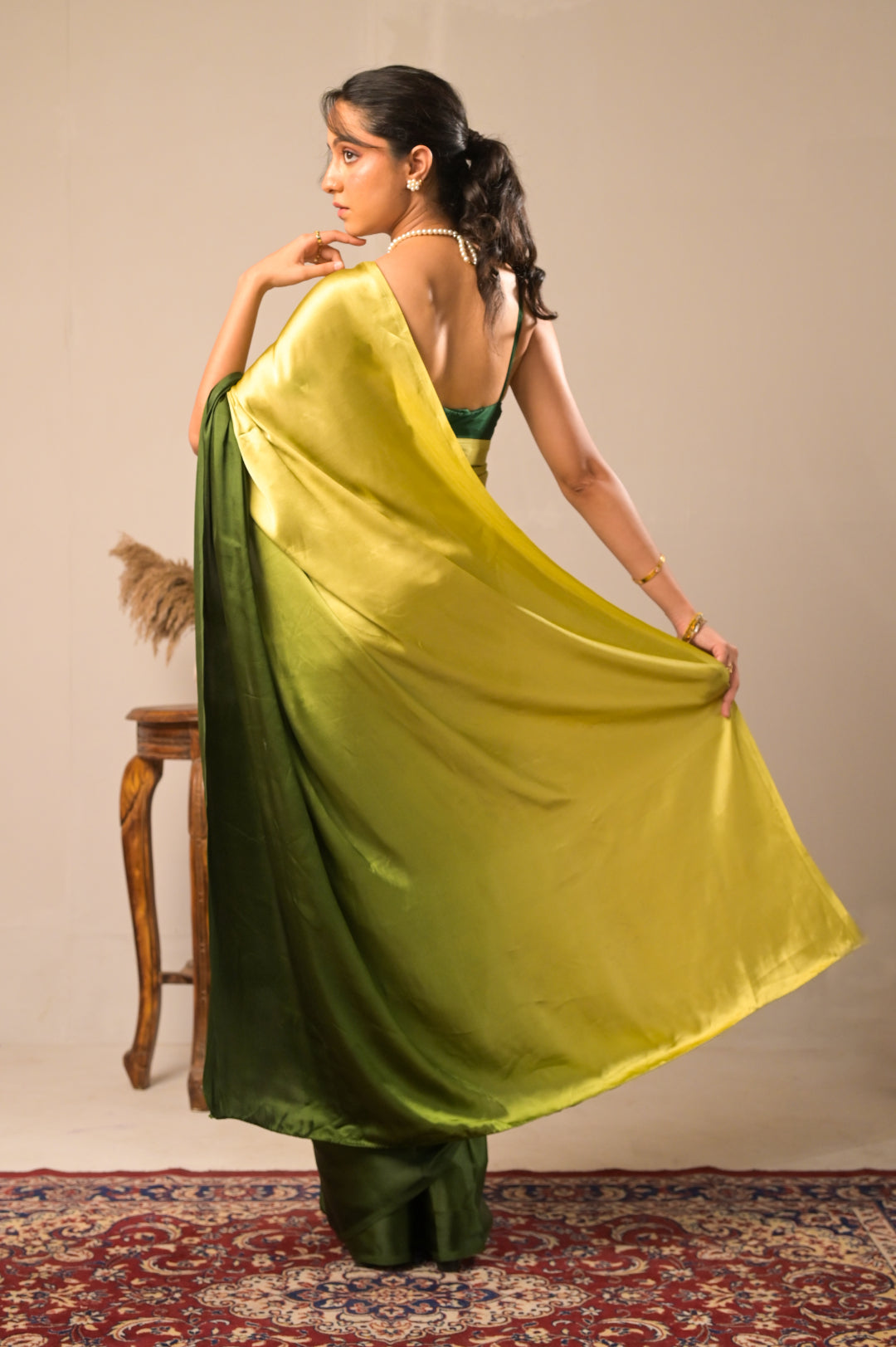 Arekaa Green Aurora Verde Glass Shine Satin Saree For Womens
