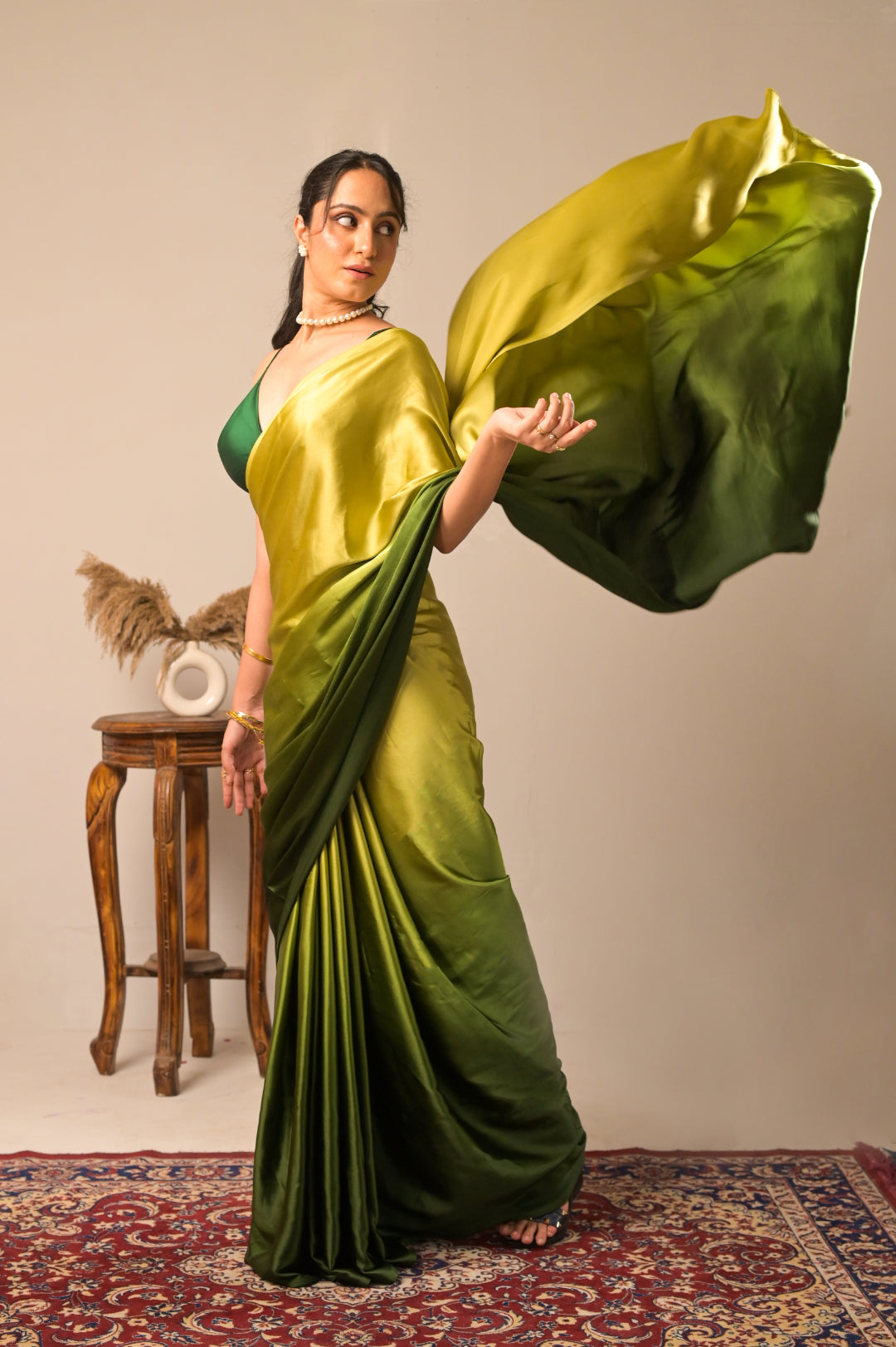 Arekaa Green Aurora Verde Glass Shine Satin Saree For Womens