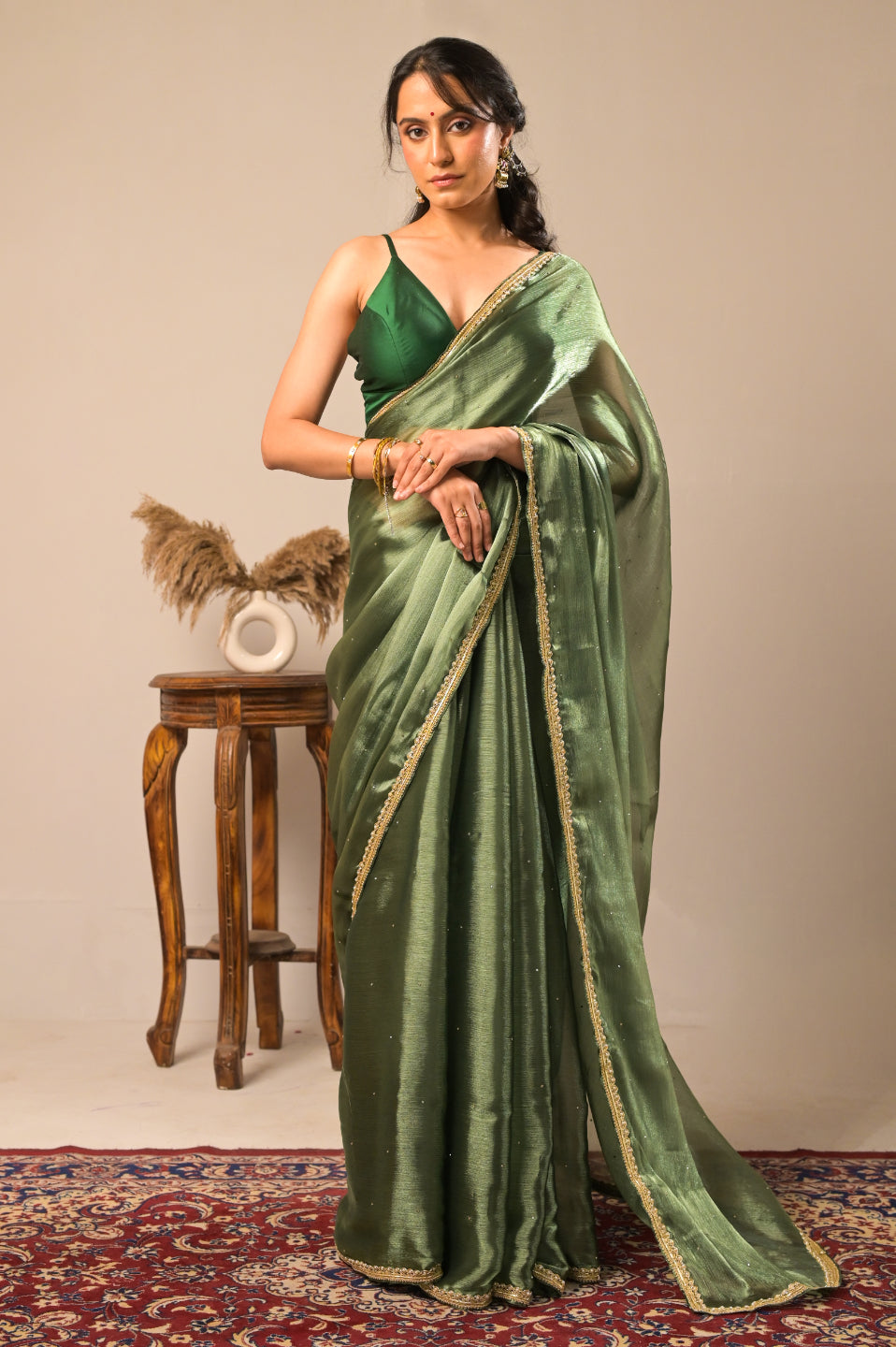 Arekaa Green Gold Emerald Aura Crush Tissue Silk Saree With Golden Border For Womens