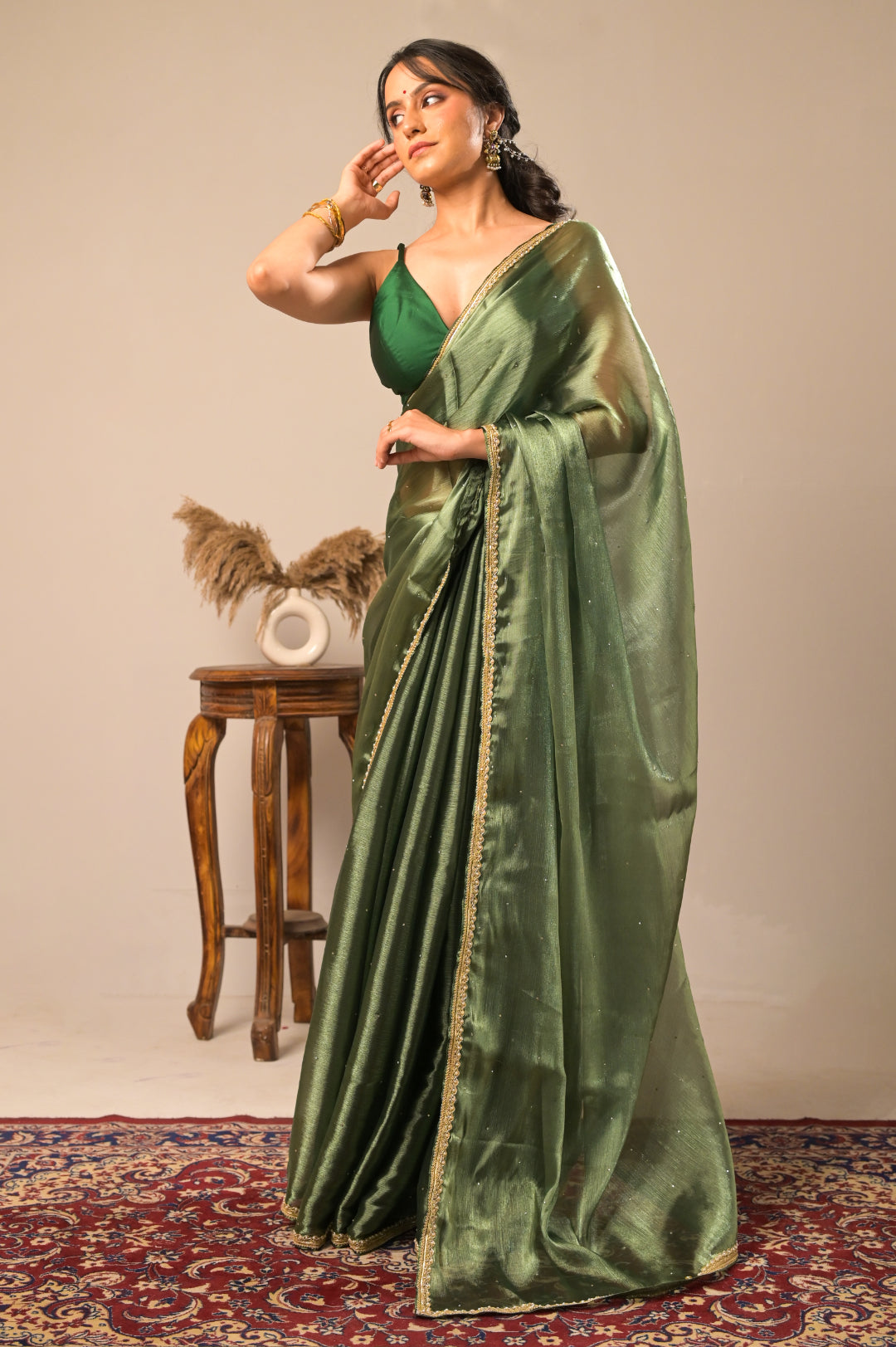 Arekaa Green Gold Emerald Aura Crush Tissue Silk Saree With Golden Border For Womens