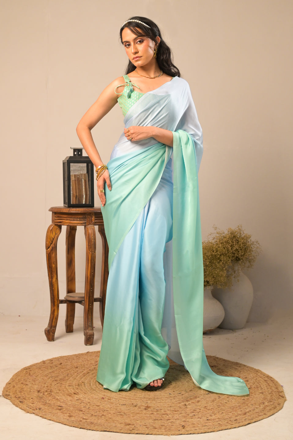 Arekaa Blue Aqua Waves Pure Georgette Double Shade Saree For Womens