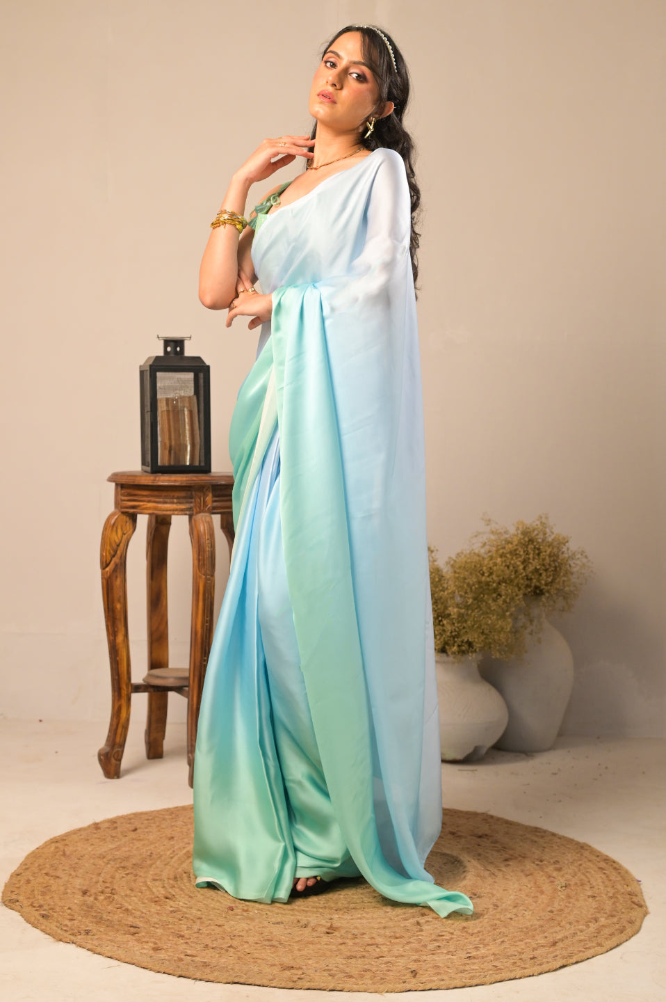 Arekaa Blue Aqua Waves Pure Georgette Double Shade Saree For Womens
