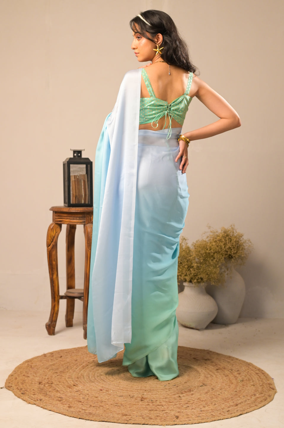 Arekaa Blue Aqua Waves Pure Georgette Double Shade Saree For Womens