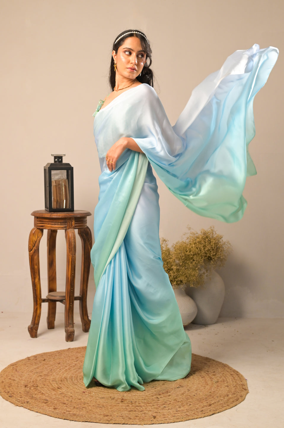 Arekaa Blue Aqua Waves Pure Georgette Double Shade Saree For Womens
