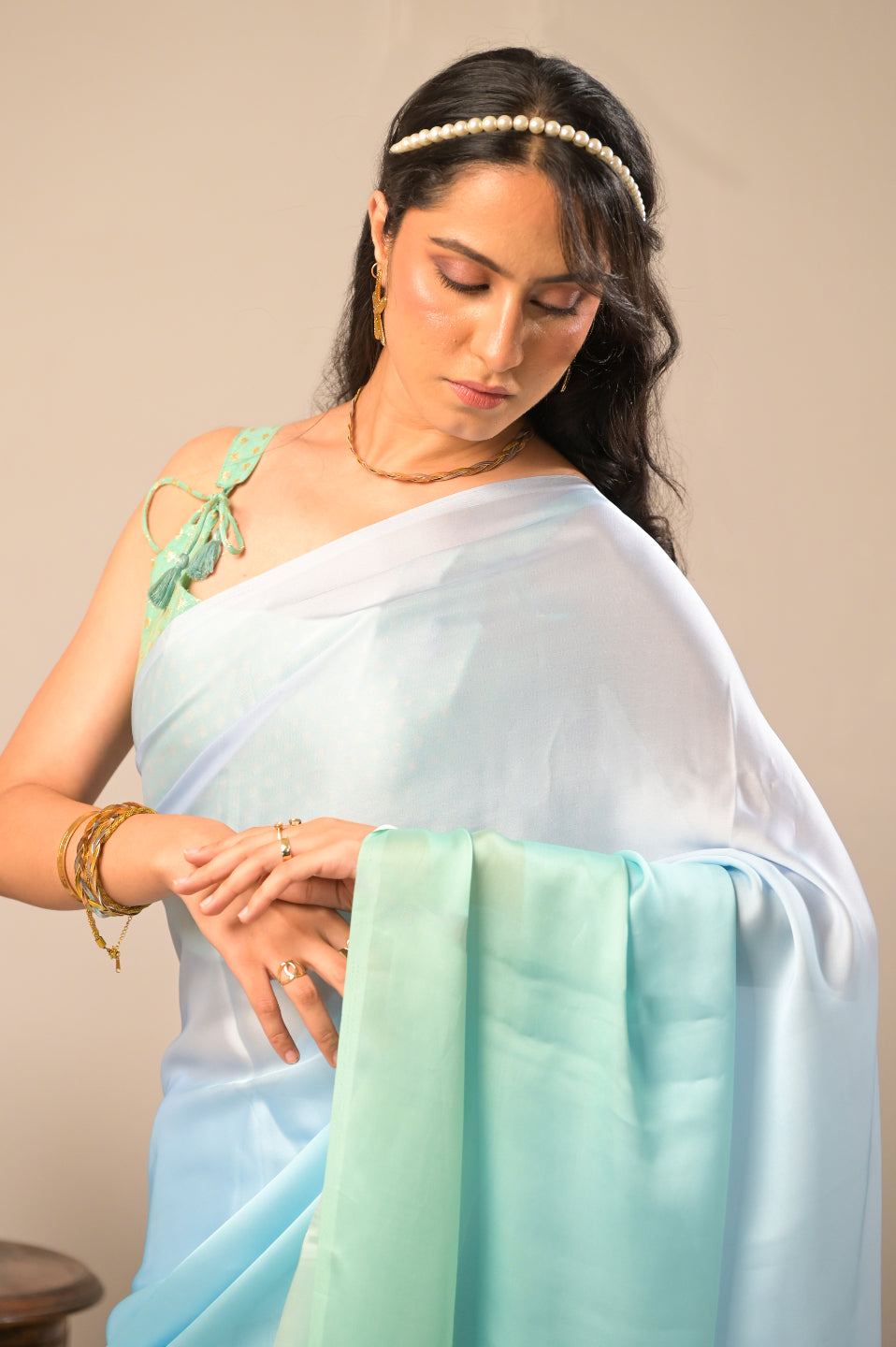 Arekaa Blue Aqua Waves Pure Georgette Double Shade Saree For Womens