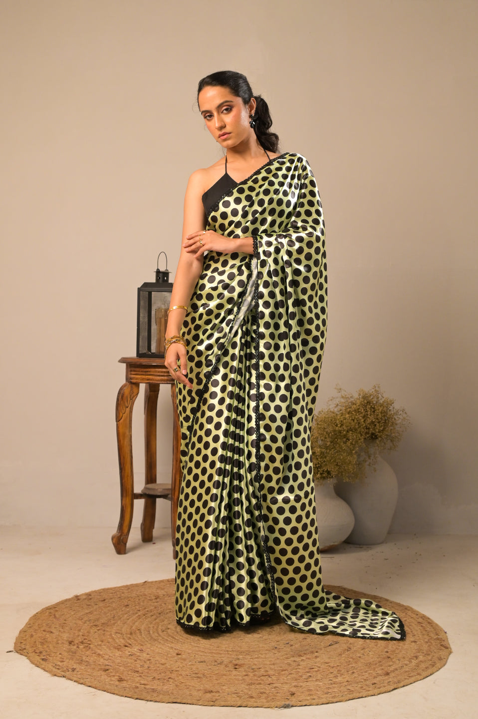 Arekaa Green Kiwi Dots Satin Polka Dot Saree For Womens
