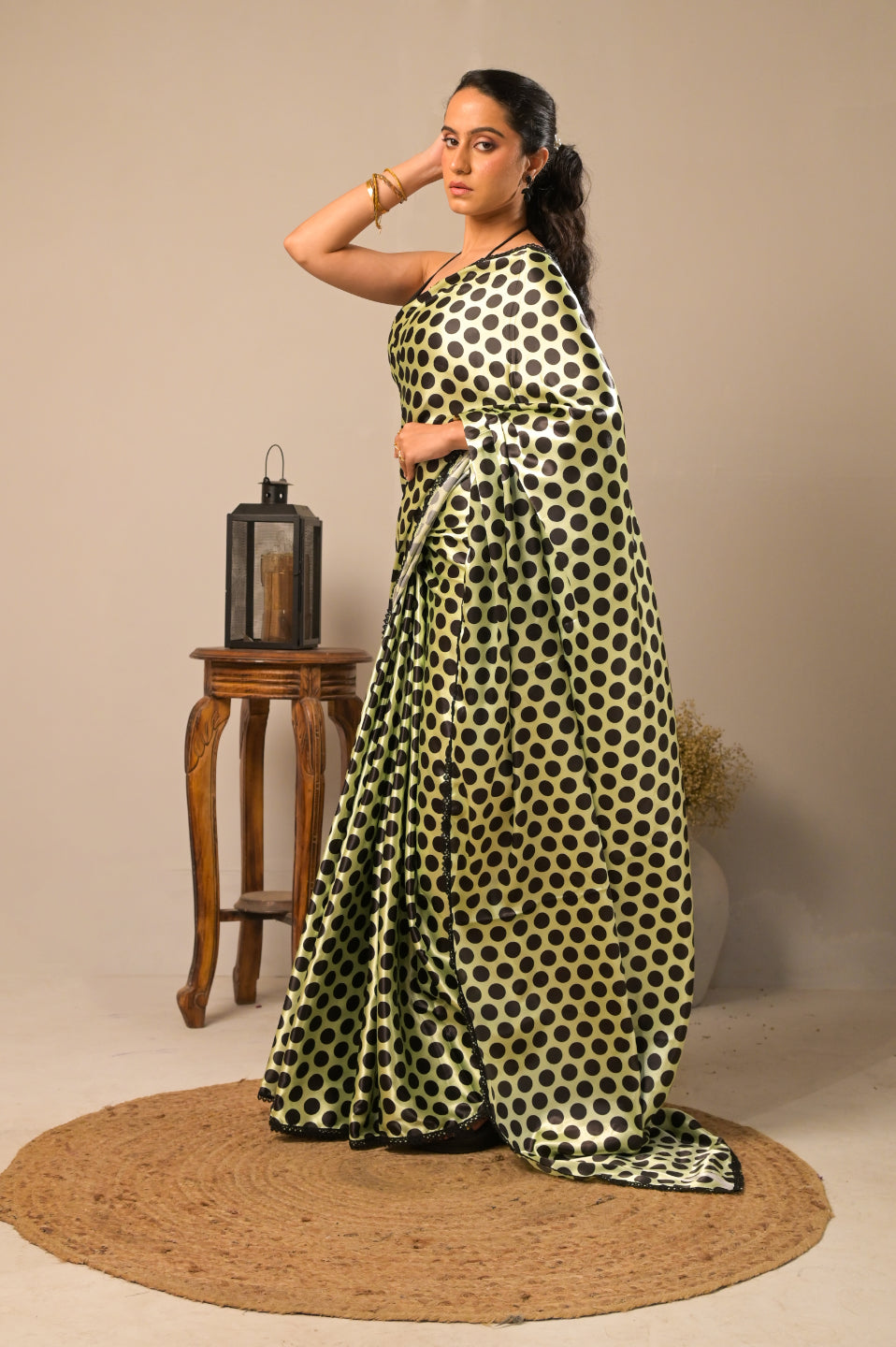 Arekaa Green Kiwi Dots Satin Polka Dot Saree For Womens