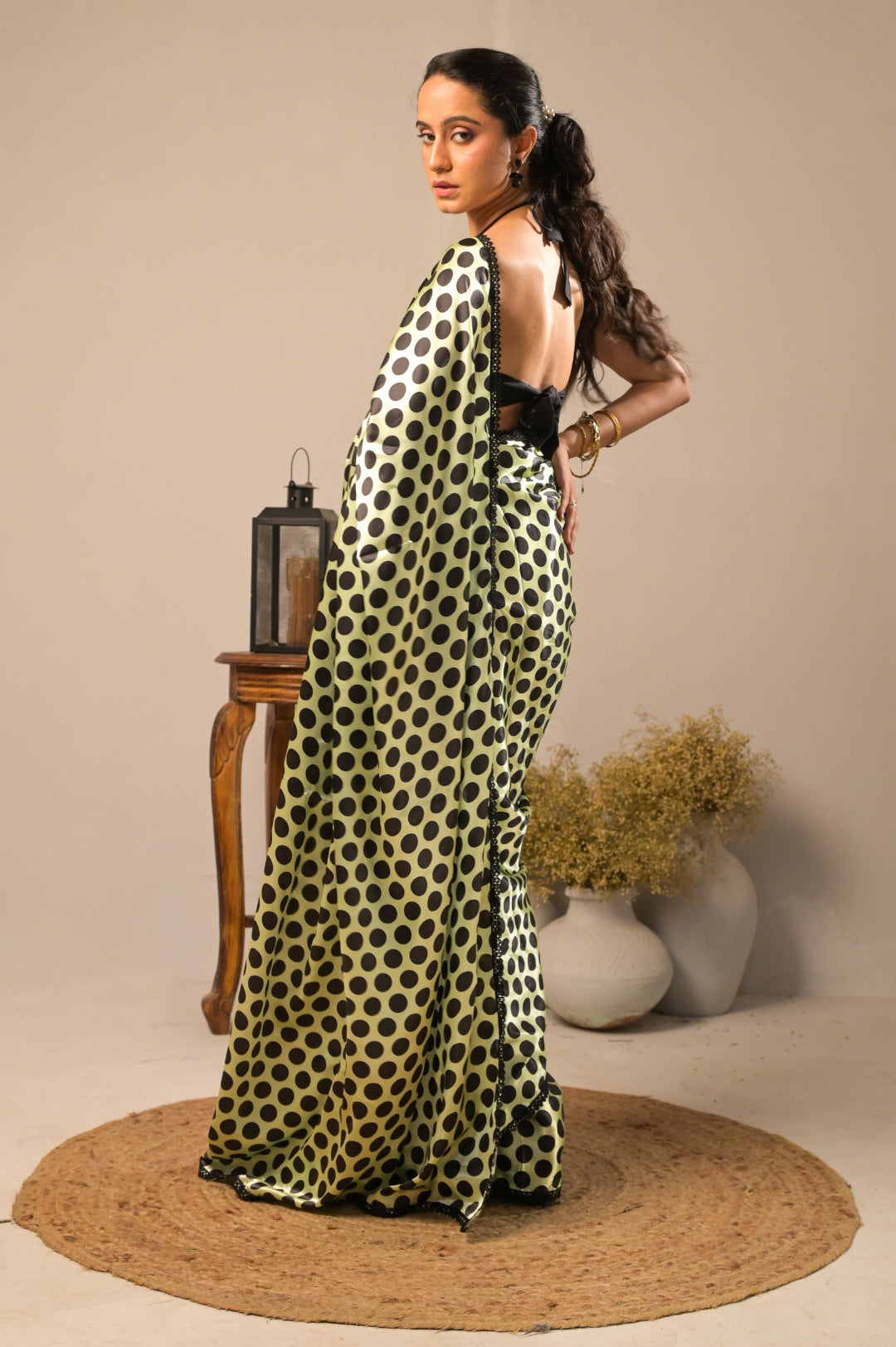 Arekaa Green Kiwi Dots Satin Polka Dot Saree For Womens