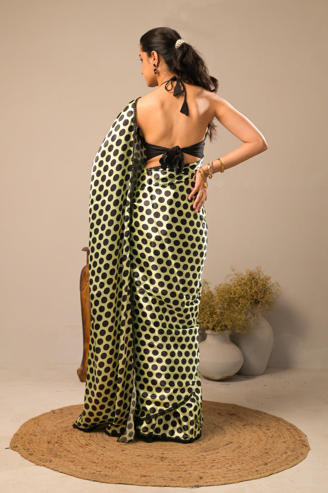 Arekaa Green Kiwi Dots Satin Polka Dot Saree For Womens