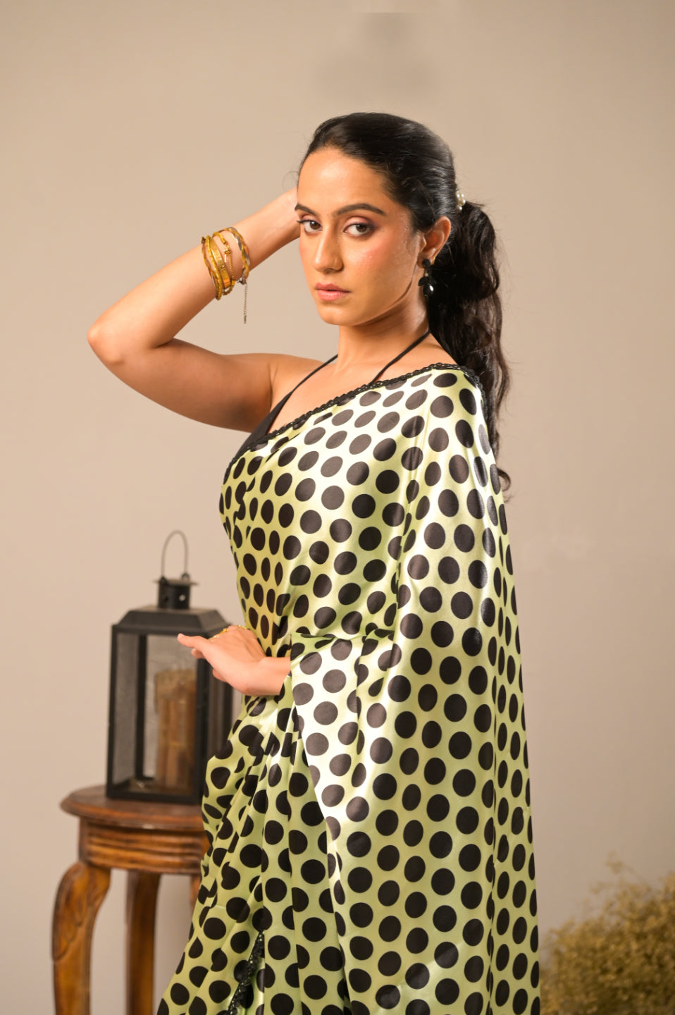 Arekaa Green Kiwi Dots Satin Polka Dot Saree For Womens
