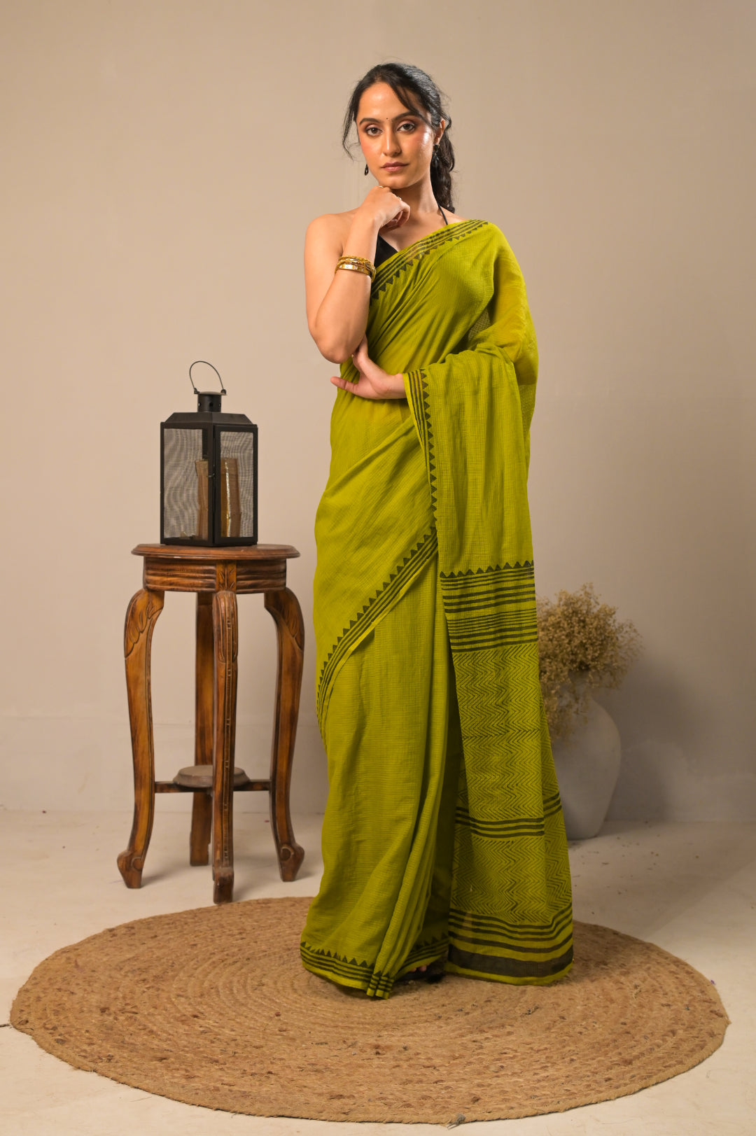 Arekaa Green Olive Pine Pure Kota Cotton Hand Block Print Saree For Womens