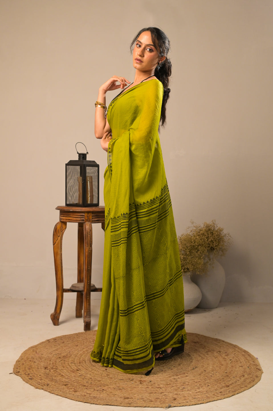 Arekaa Green Olive Pine Pure Kota Cotton Hand Block Print Saree For Womens