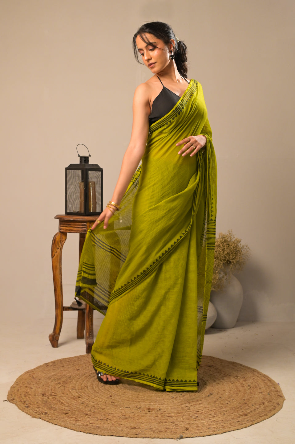 Arekaa Green Olive Pine Pure Kota Cotton Hand Block Print Saree For Womens