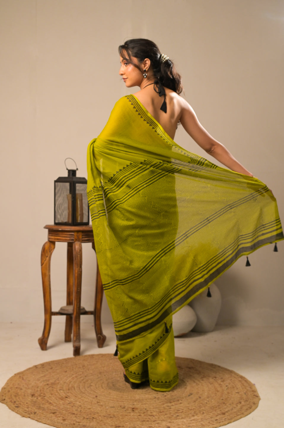 Arekaa Green Olive Pine Pure Kota Cotton Hand Block Print Saree For Womens