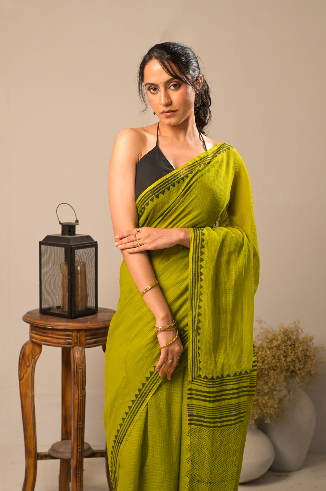 Arekaa Green Olive Pine Pure Kota Cotton Hand Block Print Saree For Womens