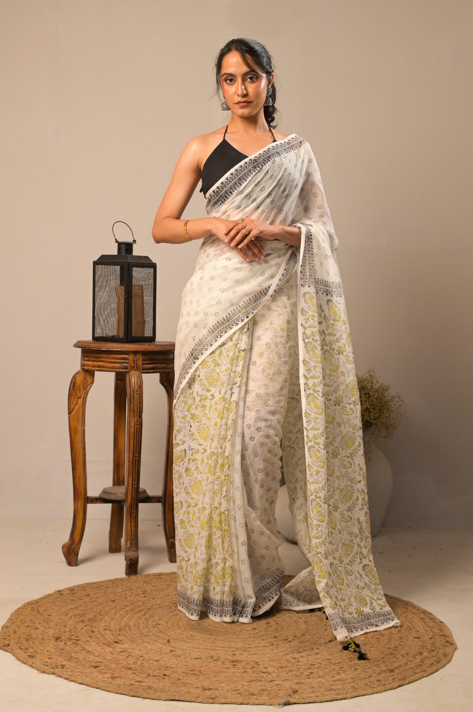 Arekaa White Gulnaar Ivory Pure Kota Cotton Hand Block Print Saree For Womens