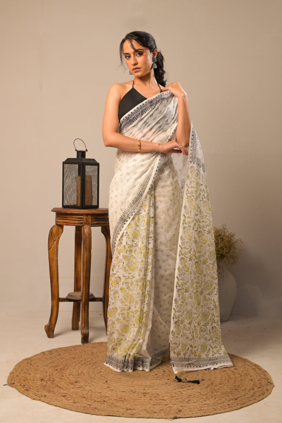 Arekaa White Gulnaar Ivory Pure Kota Cotton Hand Block Print Saree For Womens