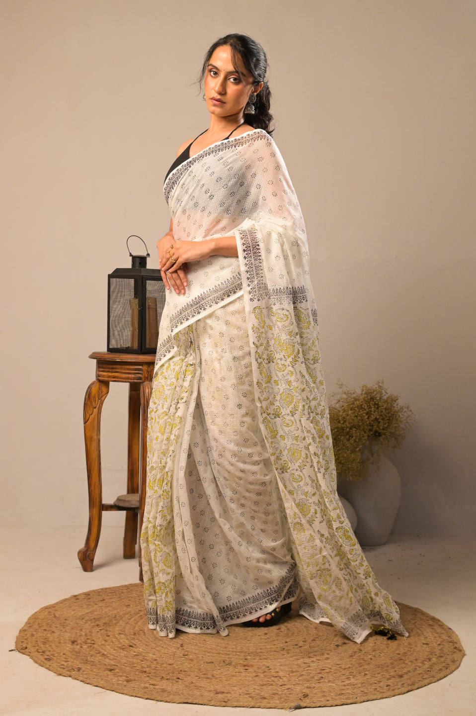 Arekaa White Gulnaar Ivory Pure Kota Cotton Hand Block Print Saree For Womens
