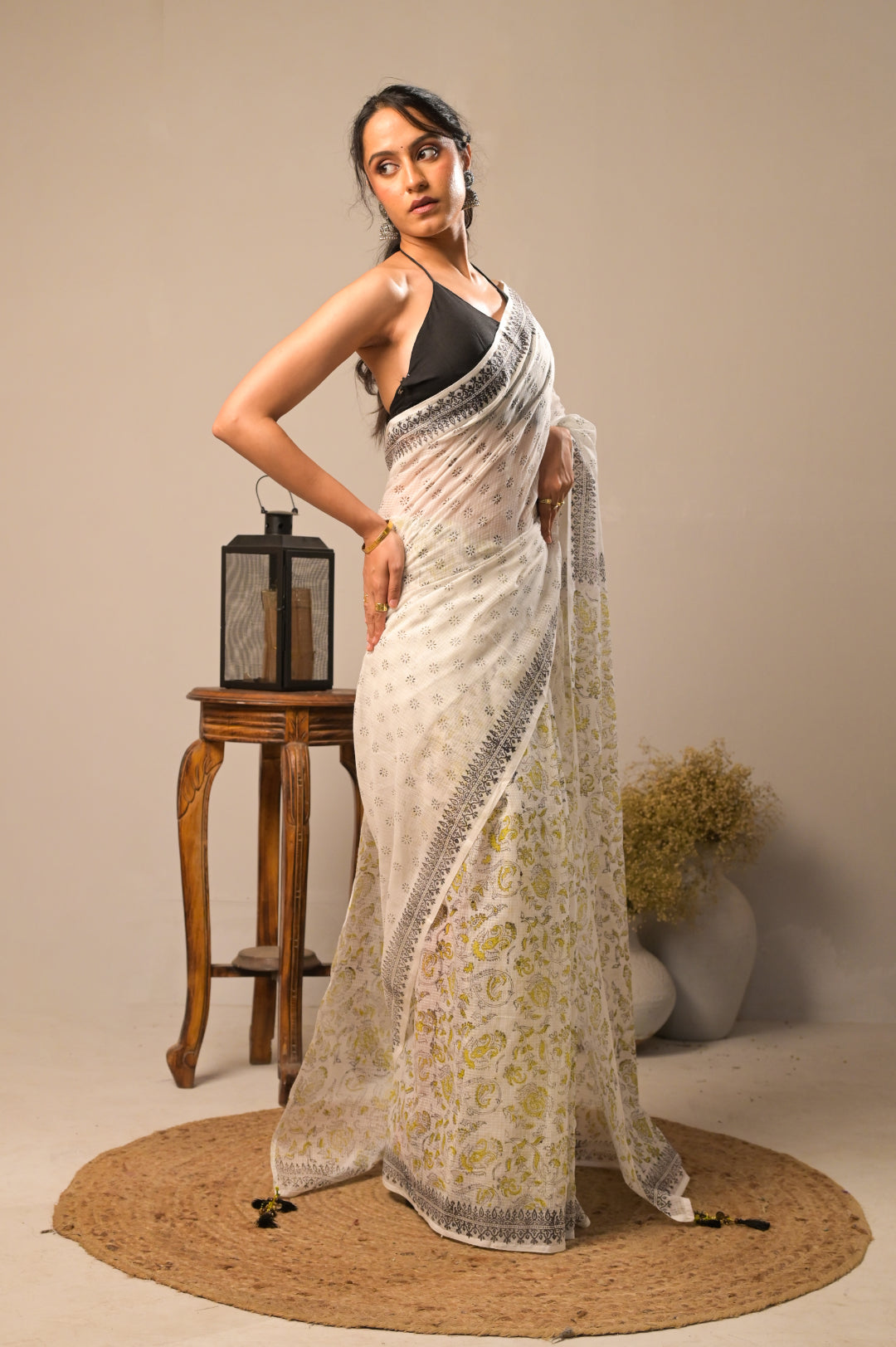 Arekaa White Gulnaar Ivory Pure Kota Cotton Hand Block Print Saree For Womens