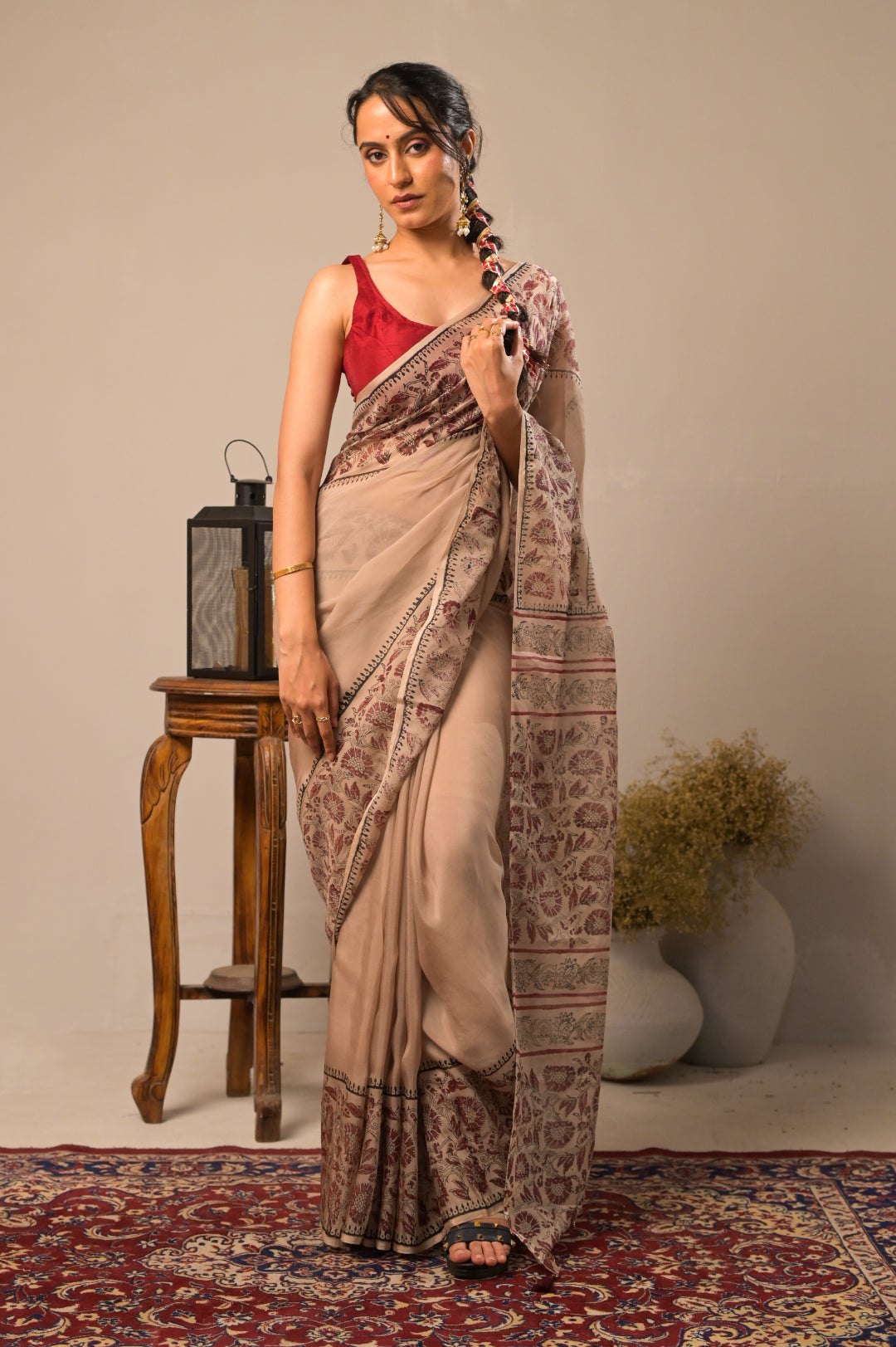 Arekaa Beige Maroon Mehrunnisa Royale Pure Silk Organza Hand Block Print Saree For Womens