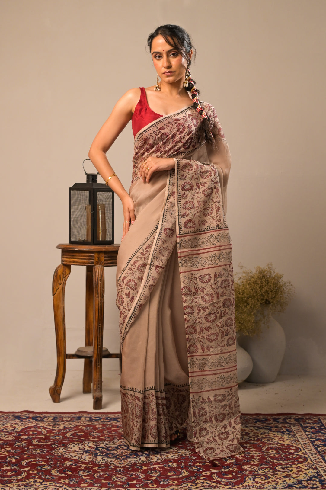 Arekaa Beige Maroon Mehrunnisa Royale Pure Silk Organza Hand Block Print Saree For Womens