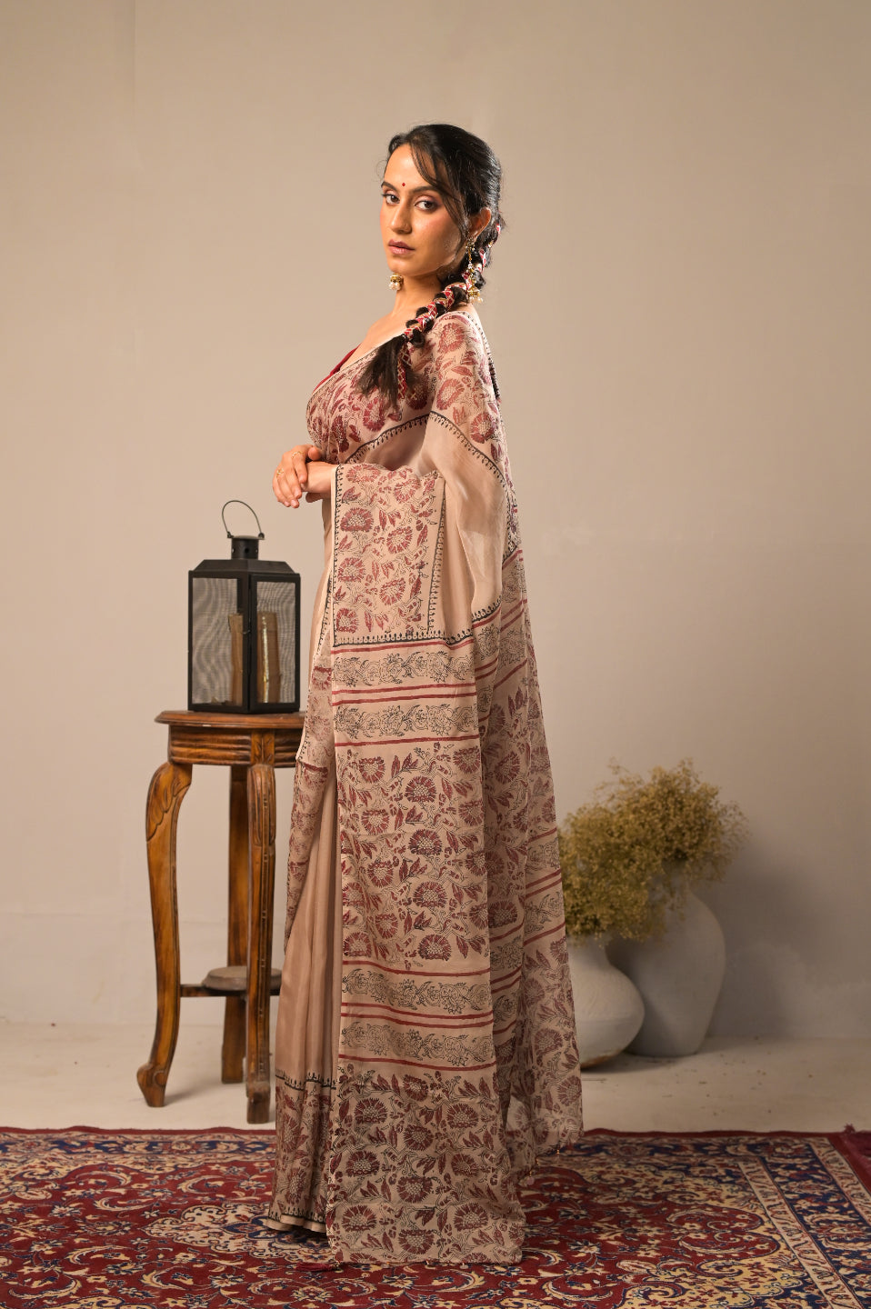 Arekaa Beige Maroon Mehrunnisa Royale Pure Silk Organza Hand Block Print Saree For Womens