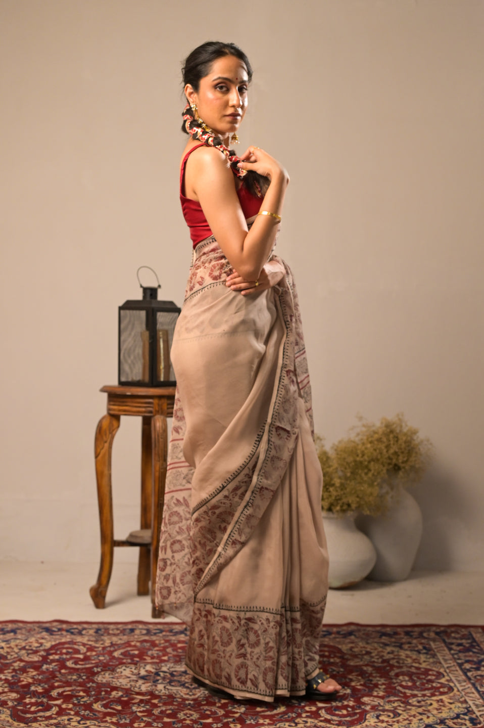 Arekaa Beige Maroon Mehrunnisa Royale Pure Silk Organza Hand Block Print Saree For Womens