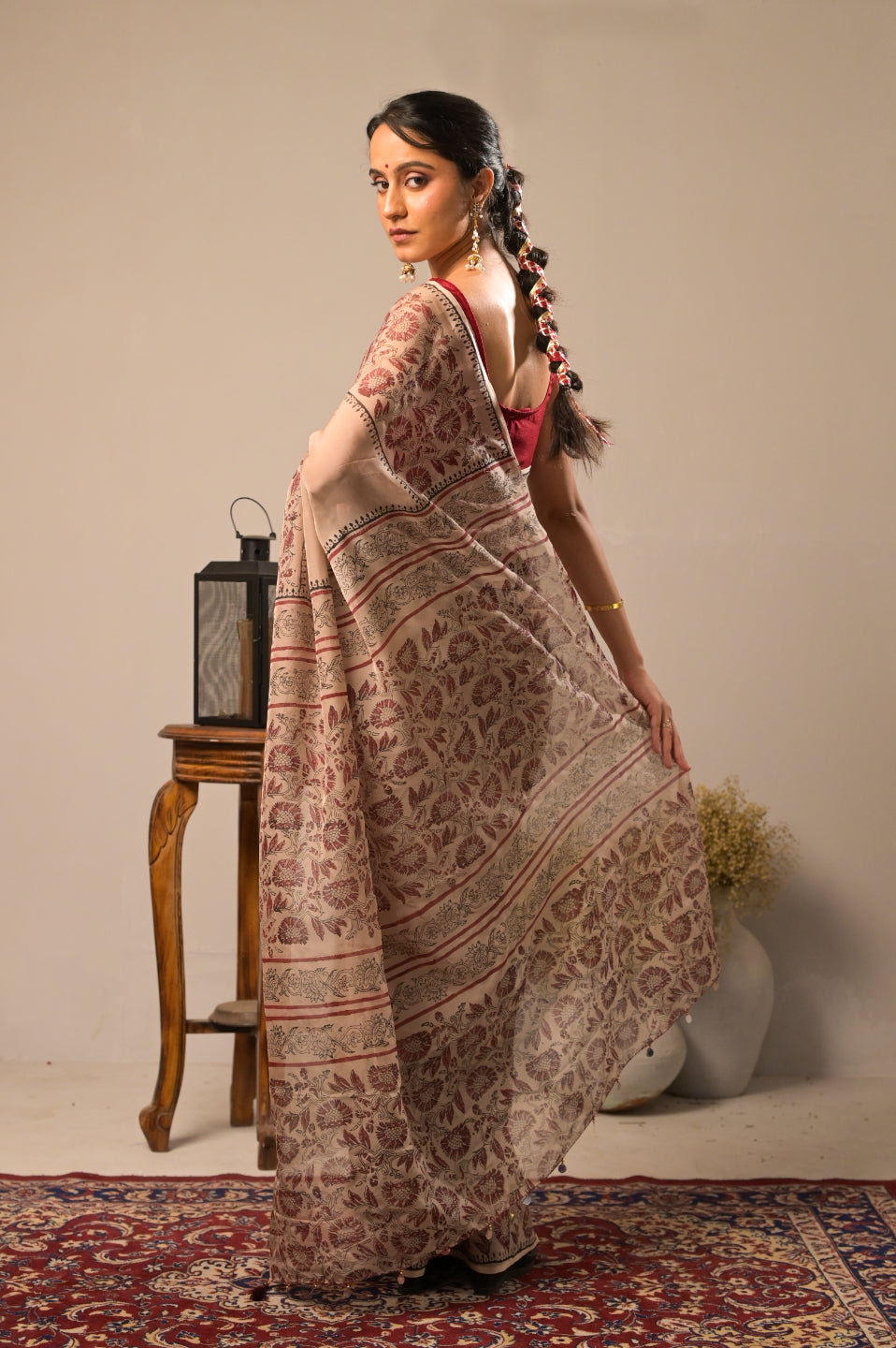 Arekaa Beige Maroon Mehrunnisa Royale Pure Silk Organza Hand Block Print Saree For Womens
