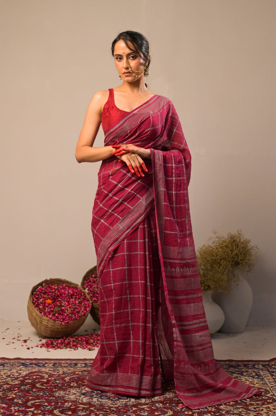 Arekaa Maroon Silver Check Pure Kota Cotton Hand Block Print Saree For Womens
