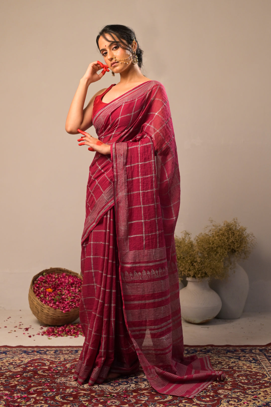 Arekaa Maroon Silver Check Pure Kota Cotton Hand Block Print Saree For Womens