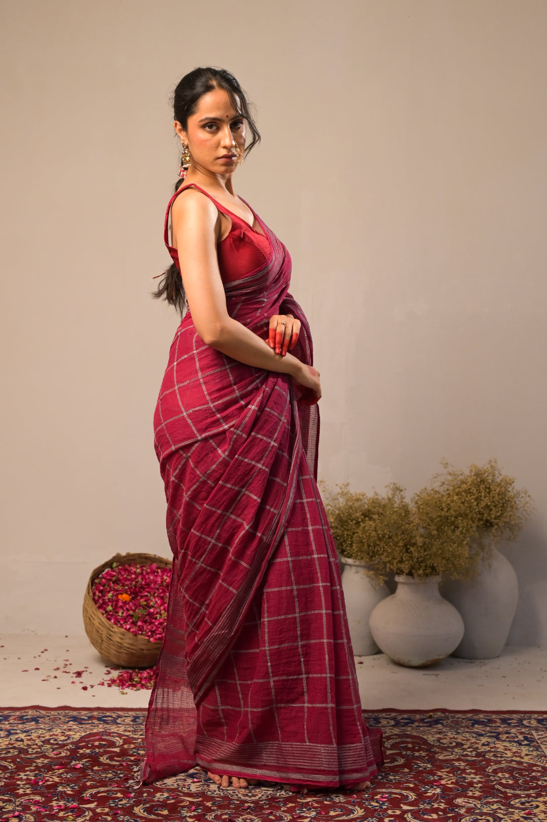Arekaa Maroon Silver Check Pure Kota Cotton Hand Block Print Saree For Womens