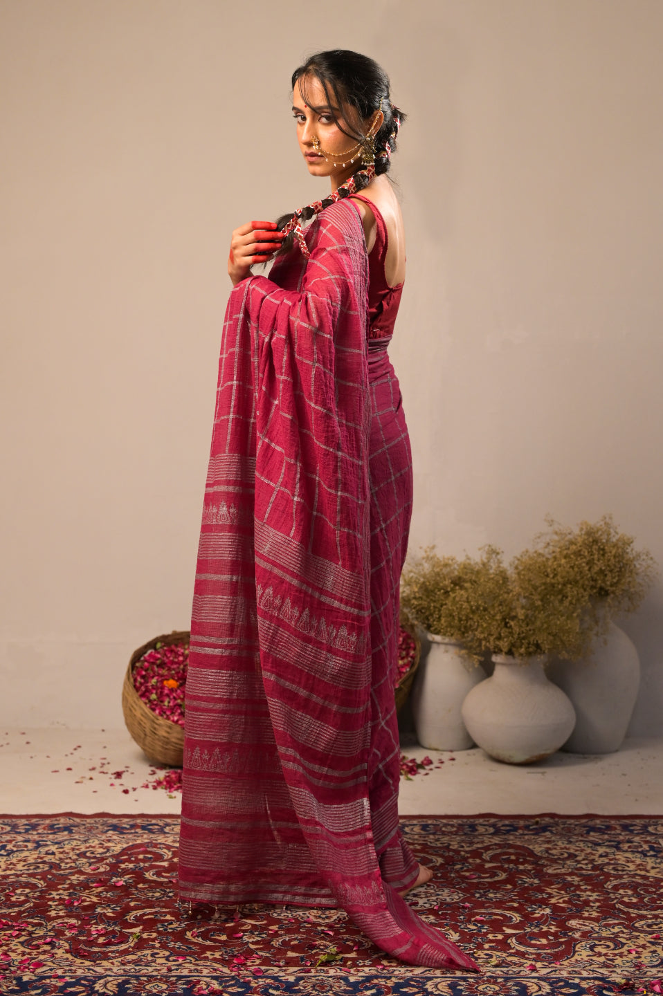 Arekaa Maroon Silver Check Pure Kota Cotton Hand Block Print Saree For Womens