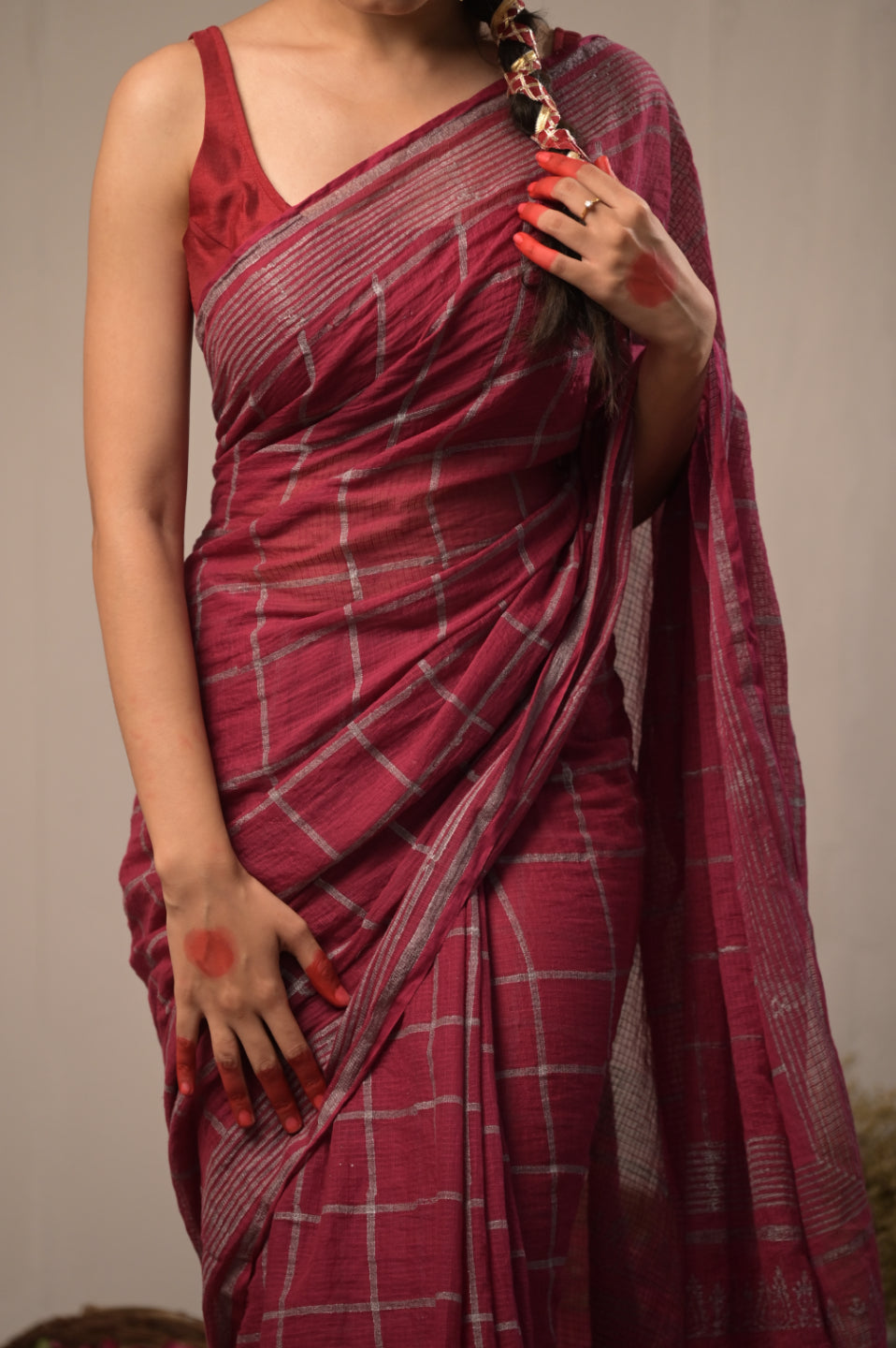 Arekaa Maroon Silver Check Pure Kota Cotton Hand Block Print Saree For Womens
