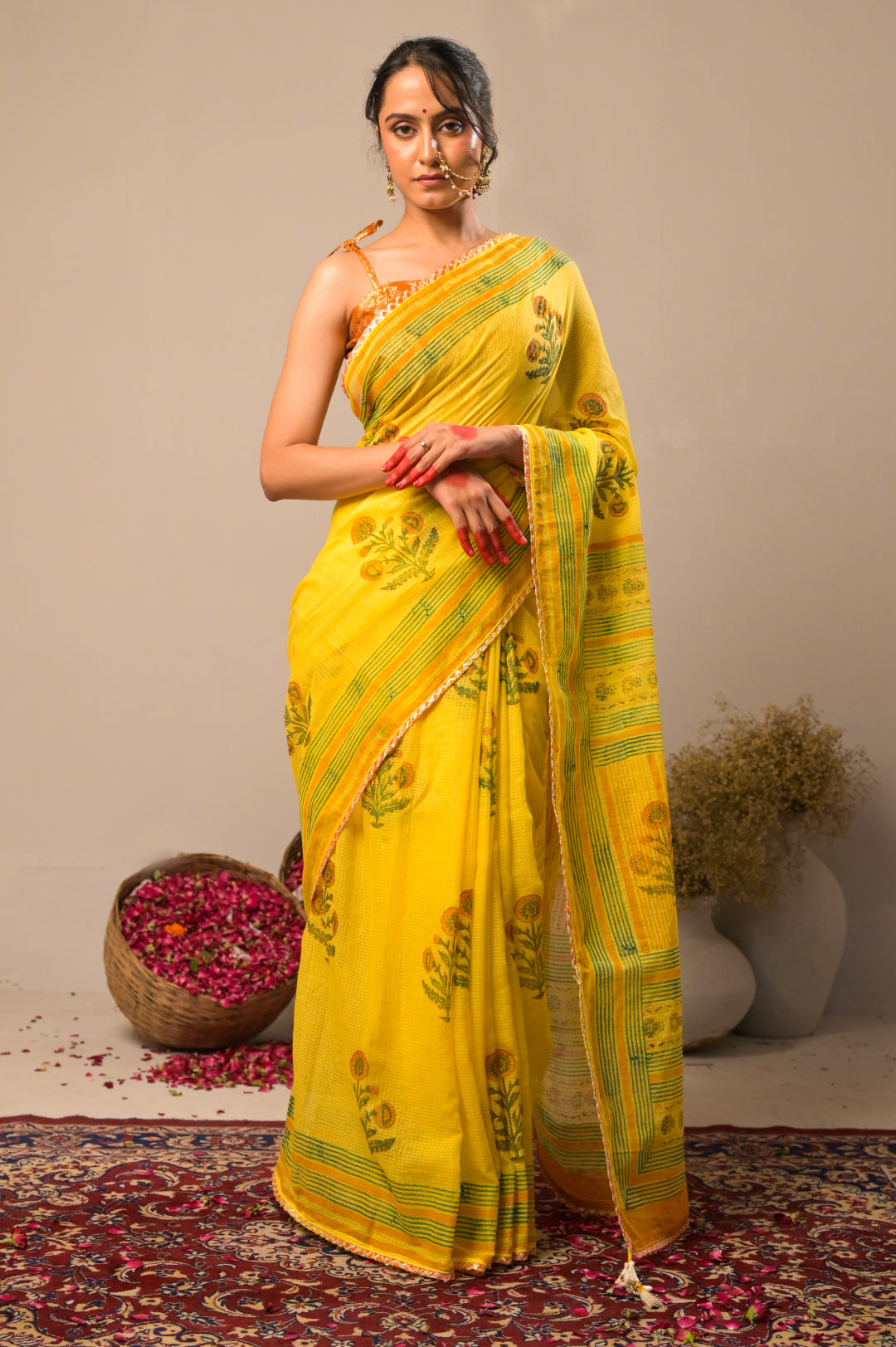 Arekaa Yellow Nargis Bloom Pure Kota Cotton Hand Block Print Saree For Womens
