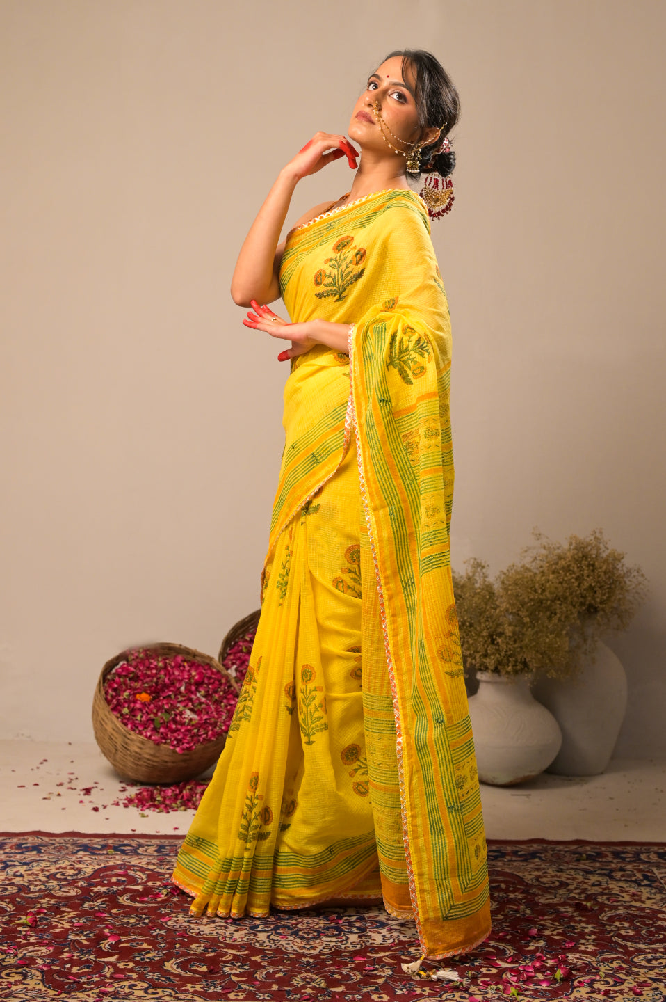 Arekaa Yellow Nargis Bloom Pure Kota Cotton Hand Block Print Saree For Womens