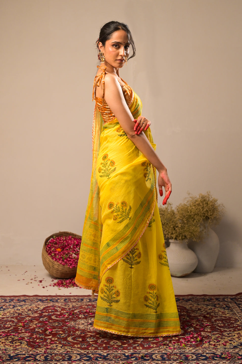 Arekaa Yellow Nargis Bloom Pure Kota Cotton Hand Block Print Saree For Womens