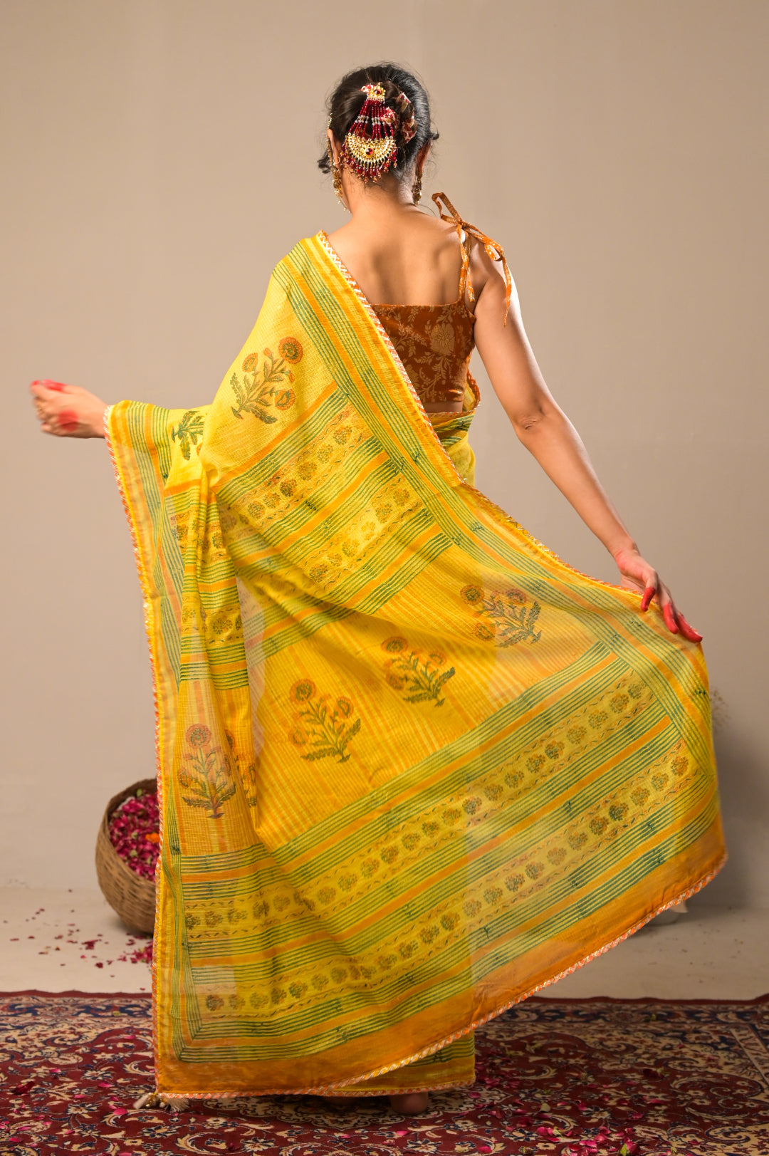 Arekaa Yellow Nargis Bloom Pure Kota Cotton Hand Block Print Saree For Womens