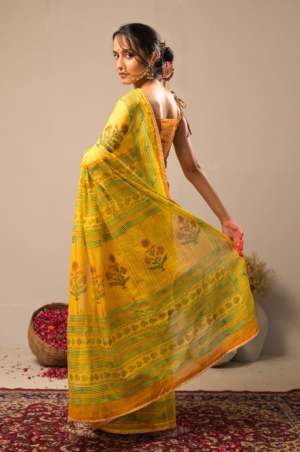 Arekaa Yellow Nargis Bloom Pure Kota Cotton Hand Block Print Saree For Womens
