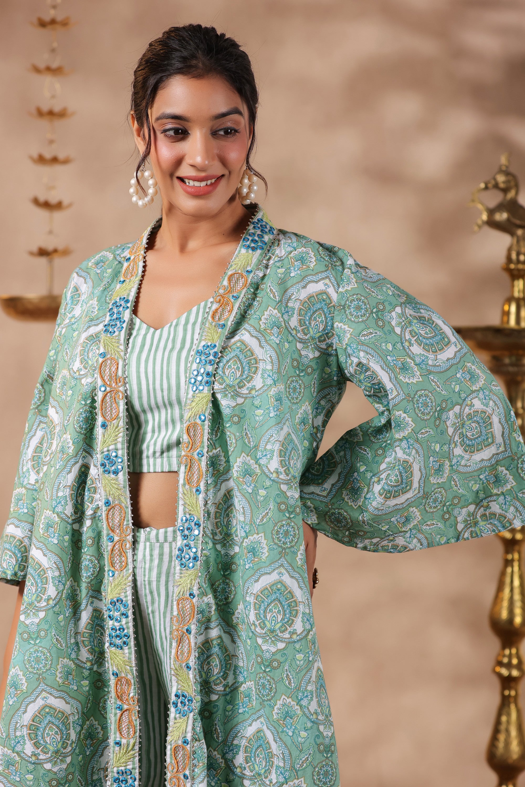 Green Printed  Cotton Crop Top With Embroidered Shrug Co Ord  Set Of 3