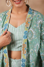 Green Printed  Cotton Crop Top With Embroidered Shrug Co Ord  Set Of 3
