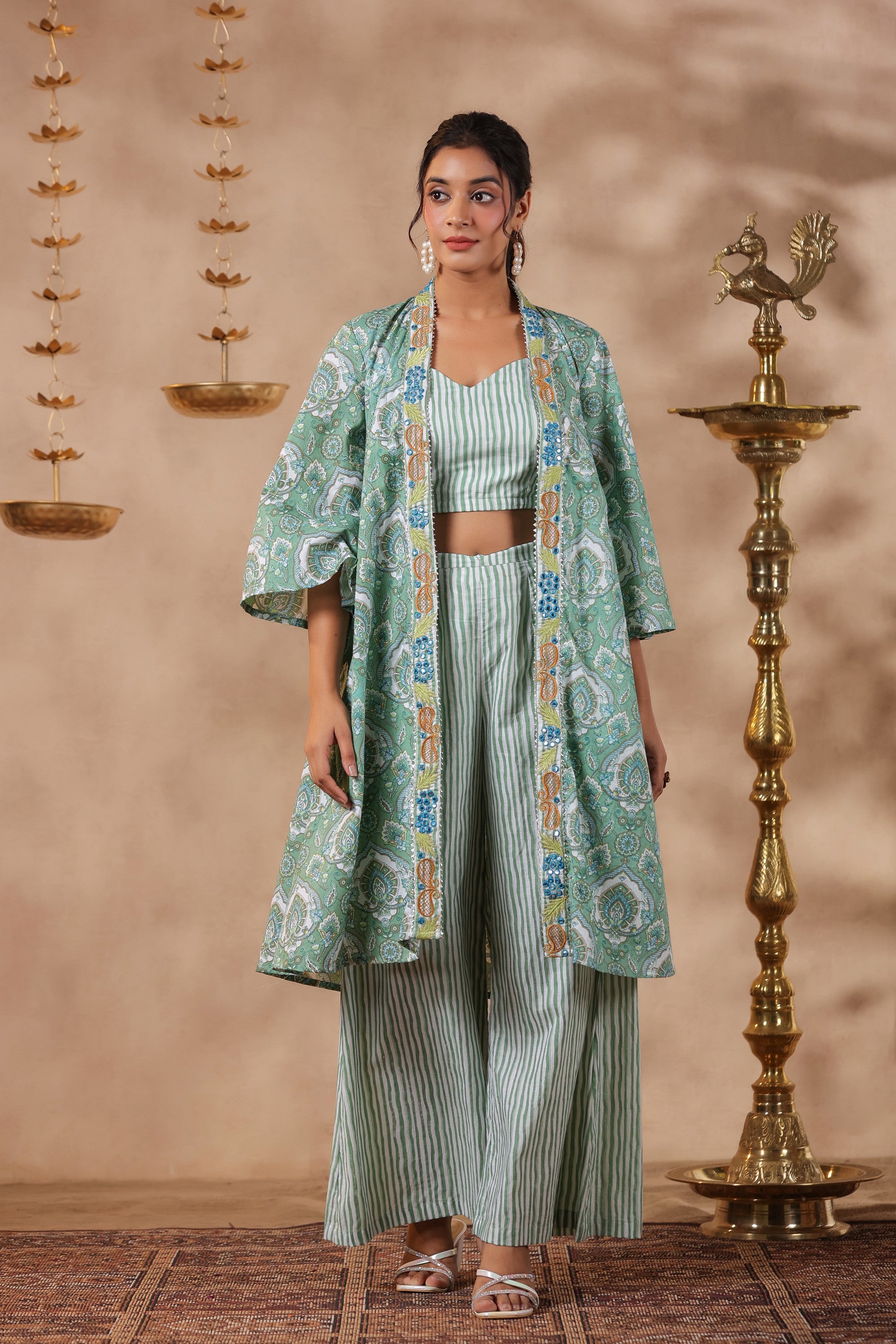 Green Printed  Cotton Crop Top With Embroidered Shrug Co Ord  Set Of 3