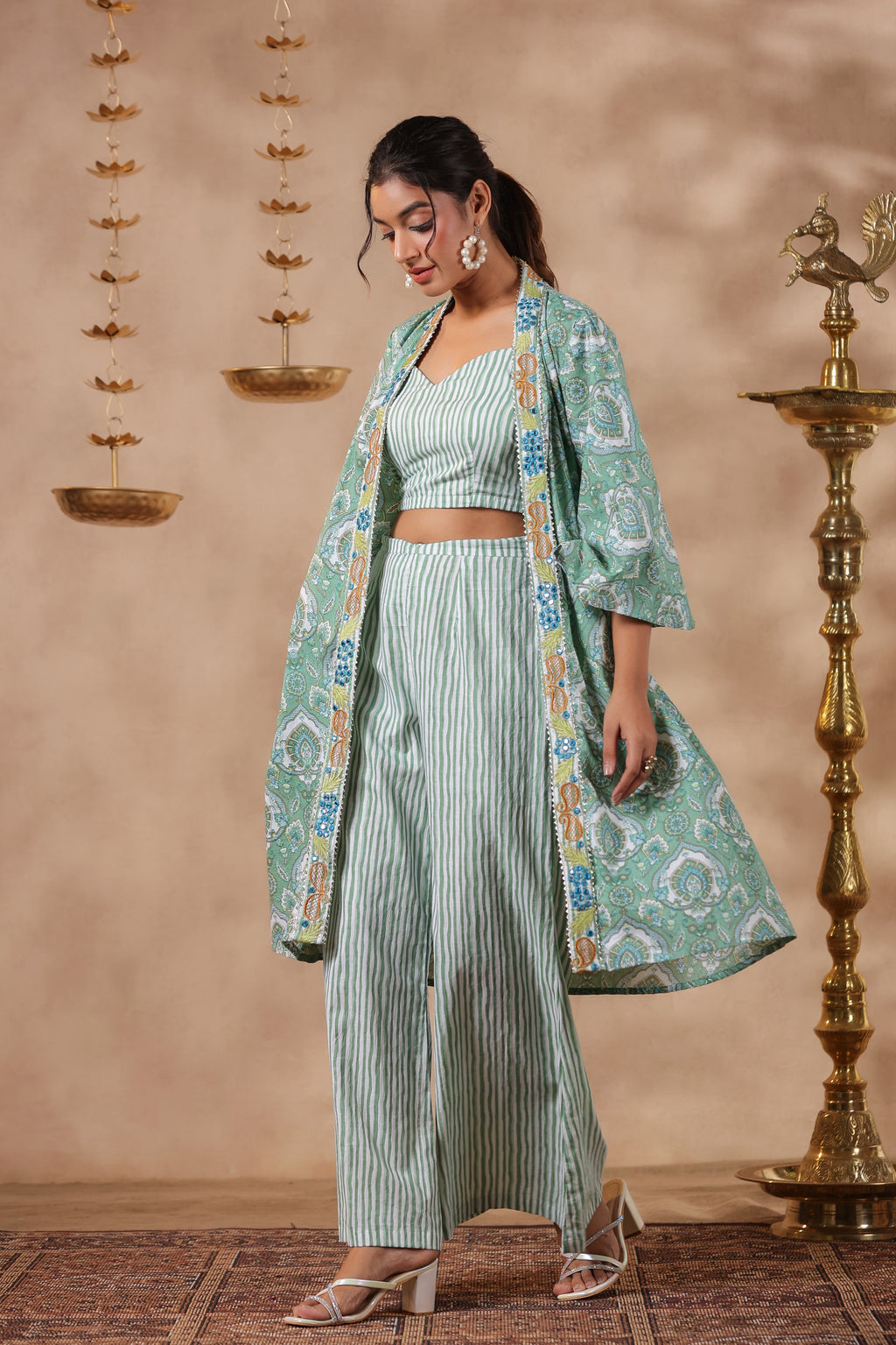 Green Printed  Cotton Crop Top With Embroidered Shrug Co Ord  Set Of 3