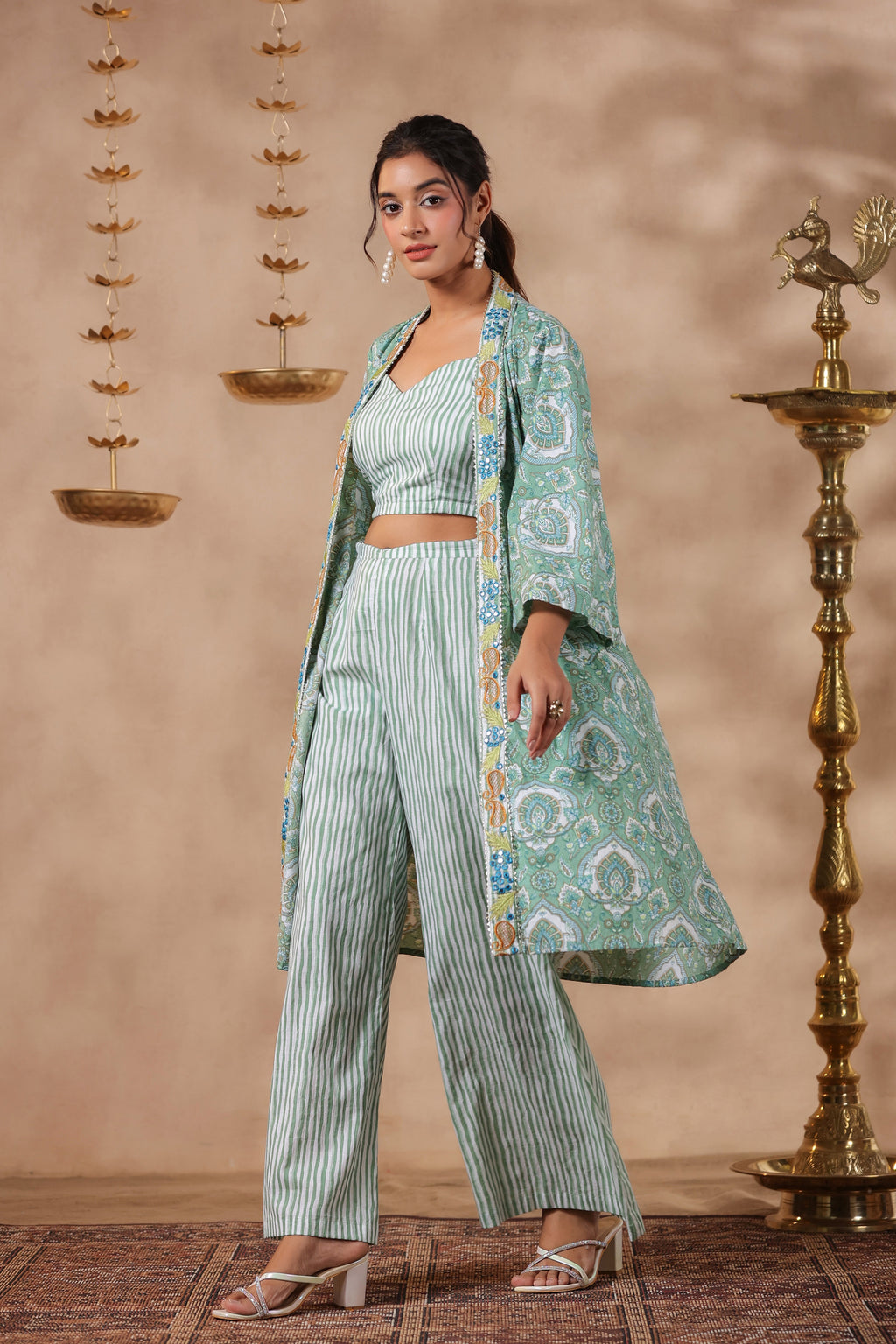 Green Printed  Cotton Crop Top With Embroidered Shrug Co Ord  Set Of 3