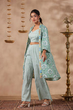 Green Printed  Cotton Crop Top With Embroidered Shrug Co Ord  Set Of 3