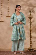 Green Printed  Cotton Crop Top With Embroidered Shrug Co Ord  Set Of 3