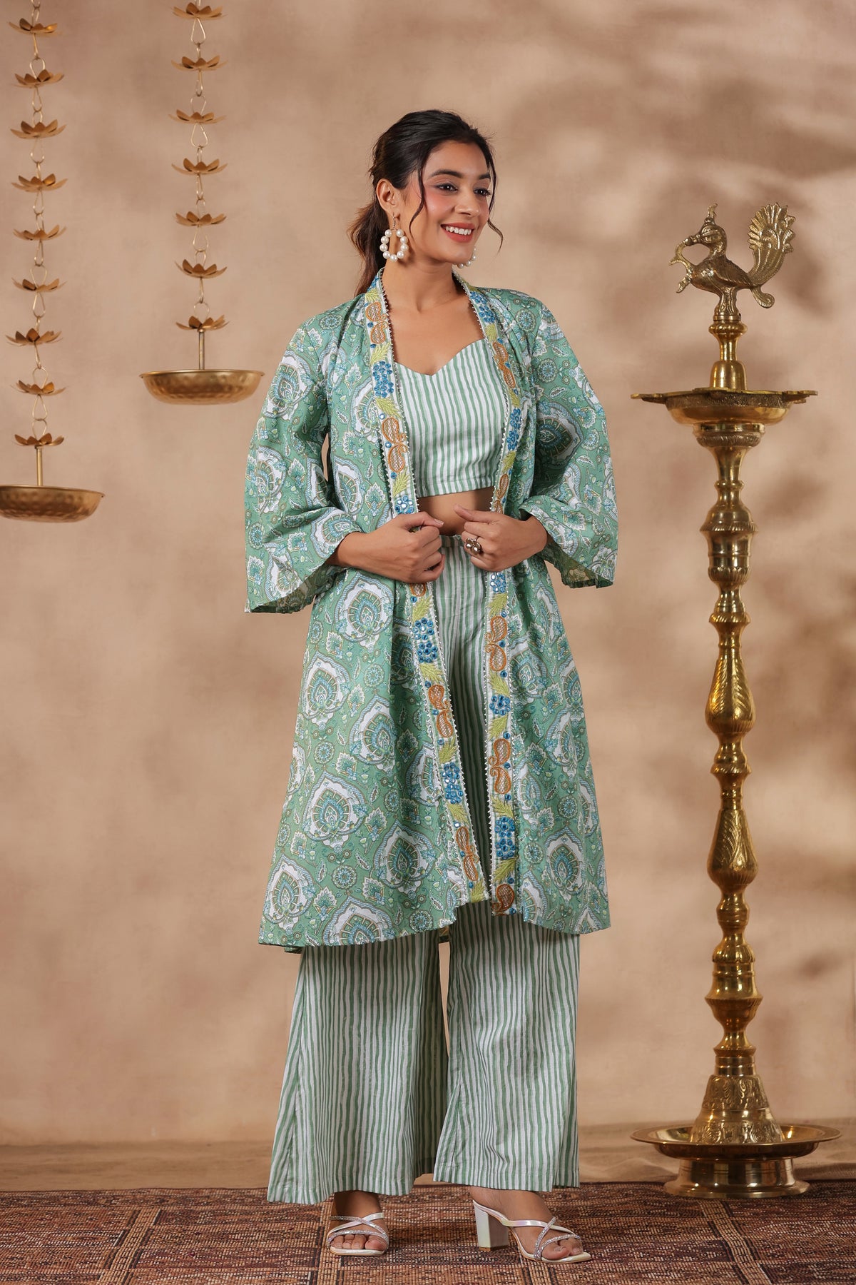 Green Printed  Cotton Crop Top With Embroidered Shrug Co Ord  Set Of 3