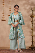 Green Printed  Cotton Crop Top With Embroidered Shrug Co Ord  Set Of 3