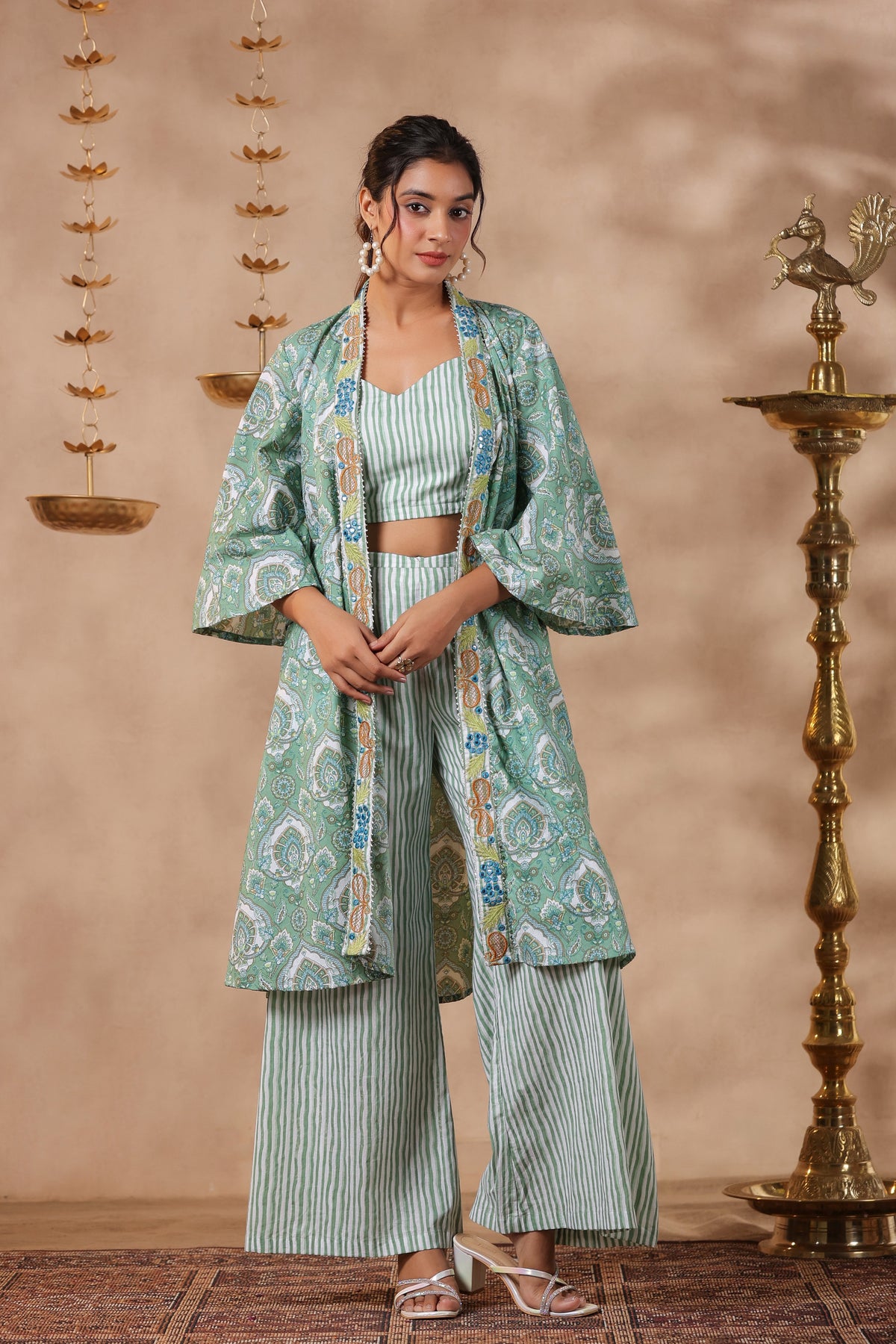 Green Printed  Cotton Crop Top With Embroidered Shrug Co Ord  Set Of 3